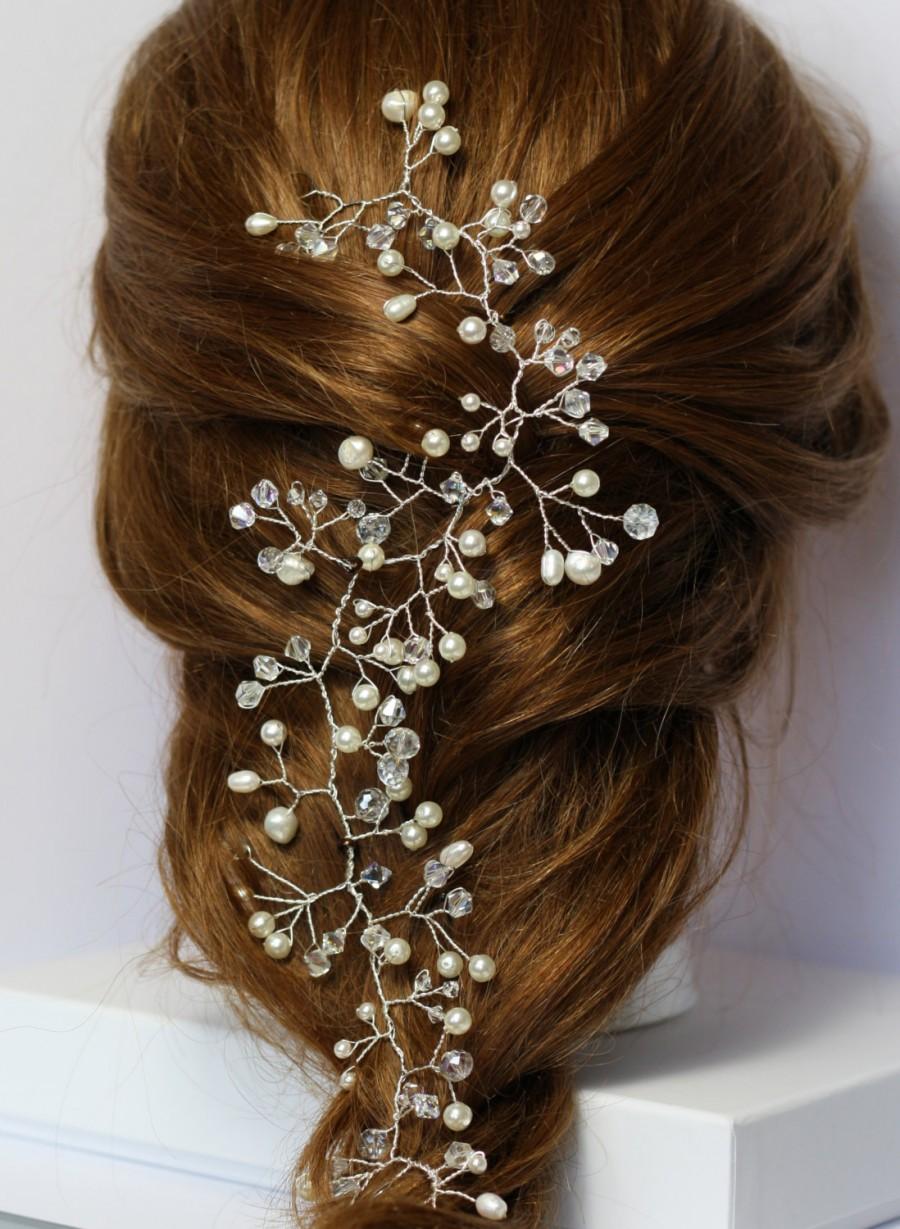 زفاف - Bridal hair vine, pearl and crystal hair vine, Gyp hair vine, boho bridal hair vine, pearl crown, babies breath wedding hair vine, bridal