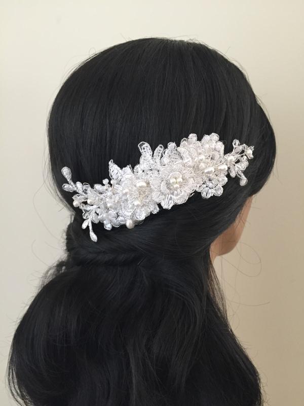زفاف - Bridal Hair Accessories, Wedding Head Piece, Ivory Lace, Pearl, Comb