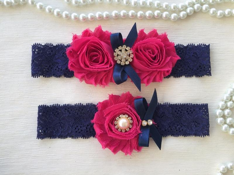 Hochzeit - wedding garter set, navy blue/fuchsia bridal garter set, fuchsia chiffon flower, navy blue bow, pearl/rhinestone