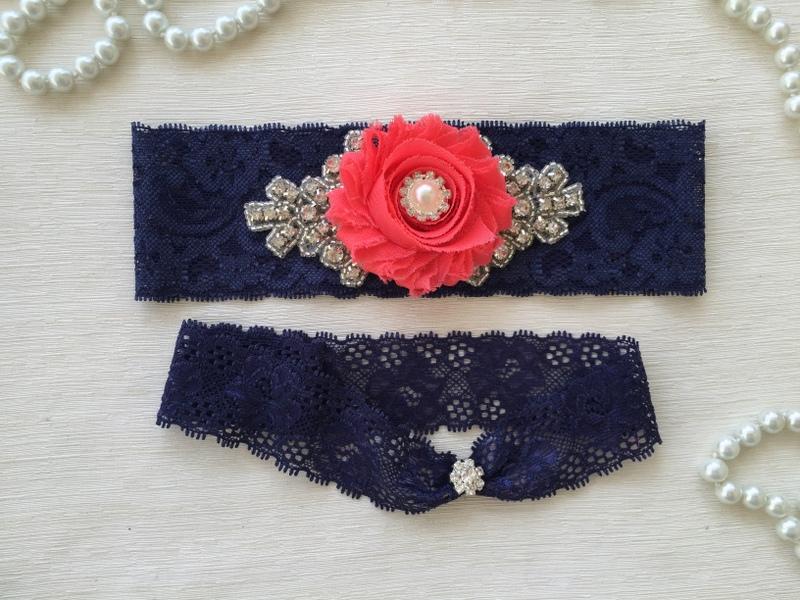 Hochzeit - wedding garter set, navy/coral bridal garter set, navy blue lace, coral chiffon flowers, pearl/rhinestone