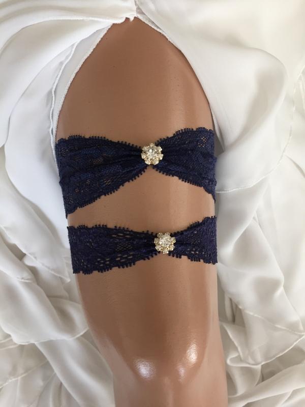 Hochzeit - wedding garter set, navy blue lace bridal garter set, pearl/rhinestone, gold, silver