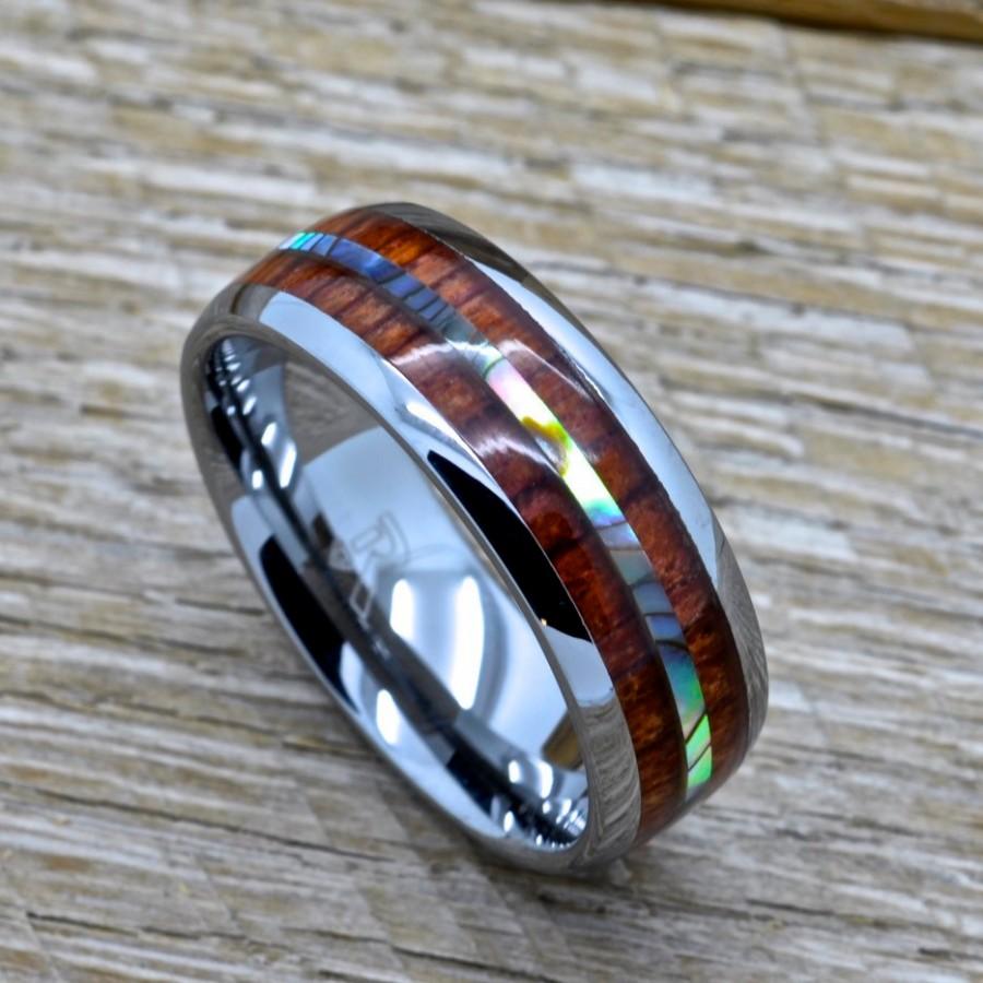 زفاف - Mens Tungsten Ring With Abalone and Genuine Koa Wood Inlay, 8mm Comfort Fit Wedding Band