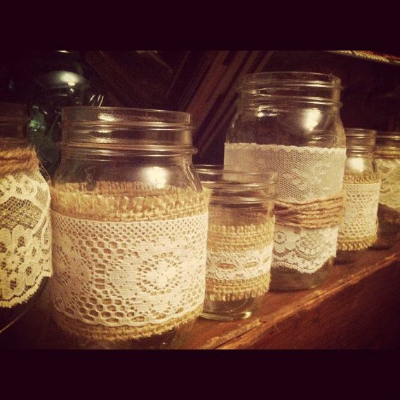 Mariage - Burlap And Lace Mason Jar Candle Holder - Rustic Wedding Centerpeice (Set Of 5) - Mix And Match