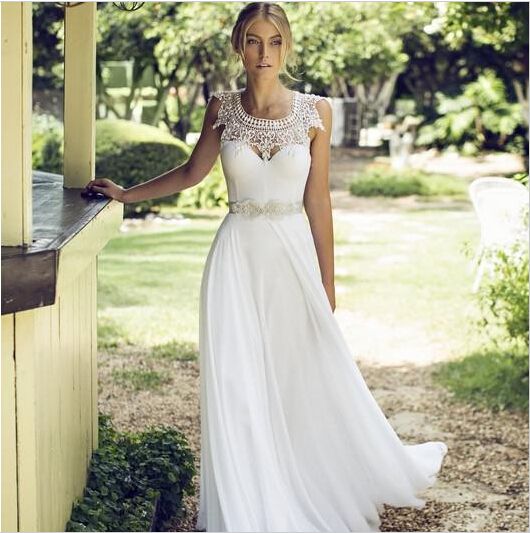 زفاف - Beaded Pearls Scoop Neckline Chiffon Floor Length Lace Wedding Dress