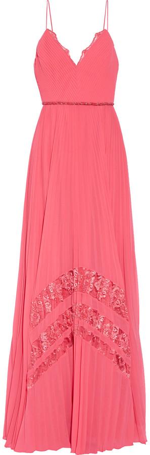 Mariage - Badgley Mischka Embellished lace-trimmed plissé-chiffon gown