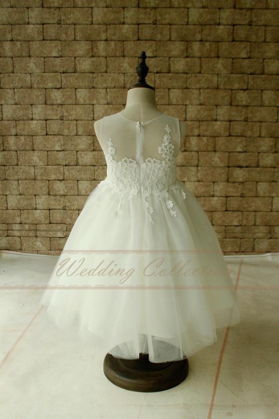 Hochzeit - Ivory Sheer Lace Strapless Neckline Flower Girl Dress Ball Gown Girl Dress