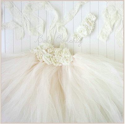 Wedding - Boho Flower girl dress ivory pearl cream tutu lace wedding birthday christening baptism