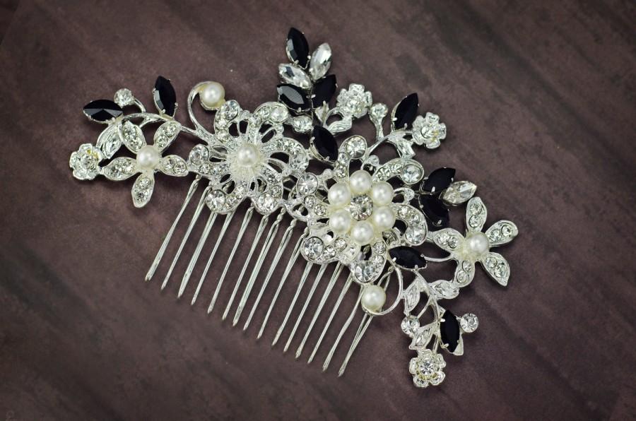 Hochzeit - black white hair comb, black white wedding hair accessorie, black rhinestone hair comb, black hair piece, black crystal hair comb, evening