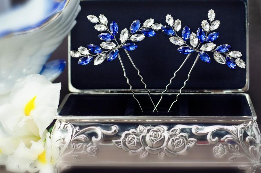 Свадьба - something blue hair pins, bridal hairpin, royal blue rhinestone hair pin, navy blue crystal hairpin, crystal bobby pin, blue wedding hairpin
