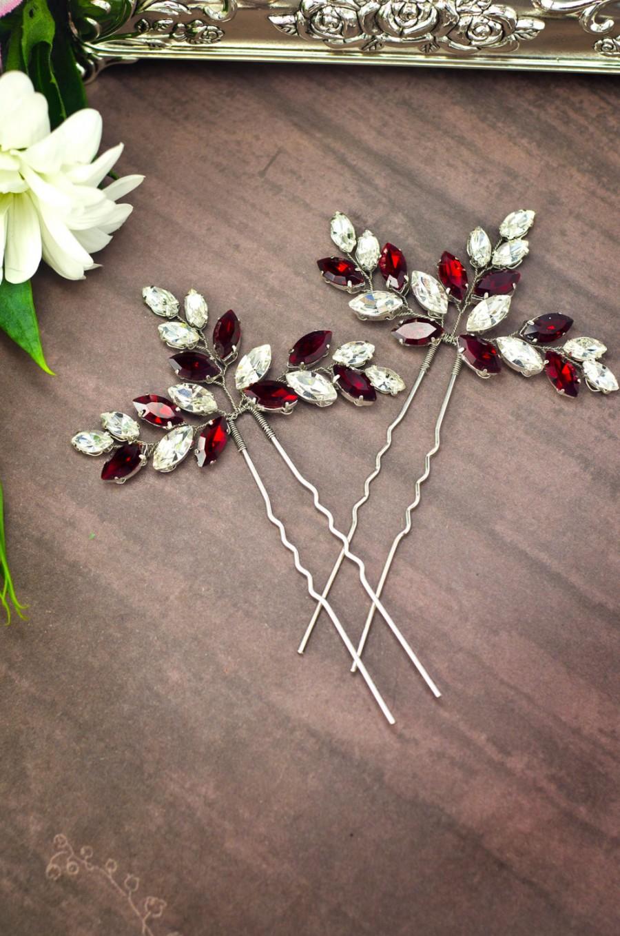 Свадьба - red rhinestone hair pins, red crystal hair pins, red hair accessories, red bobby pins, red hair pins, red hair piece, red bridal hair pins