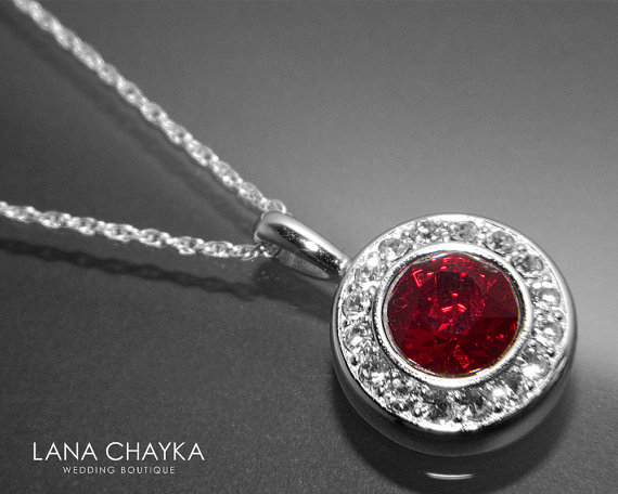 Wedding - Red Crystal Sterling Silver Necklace Swarovski Siam Dark Red Necklace Wedding Red Crystal Necklace Dark Red Bridal Necklace Bridesmaids