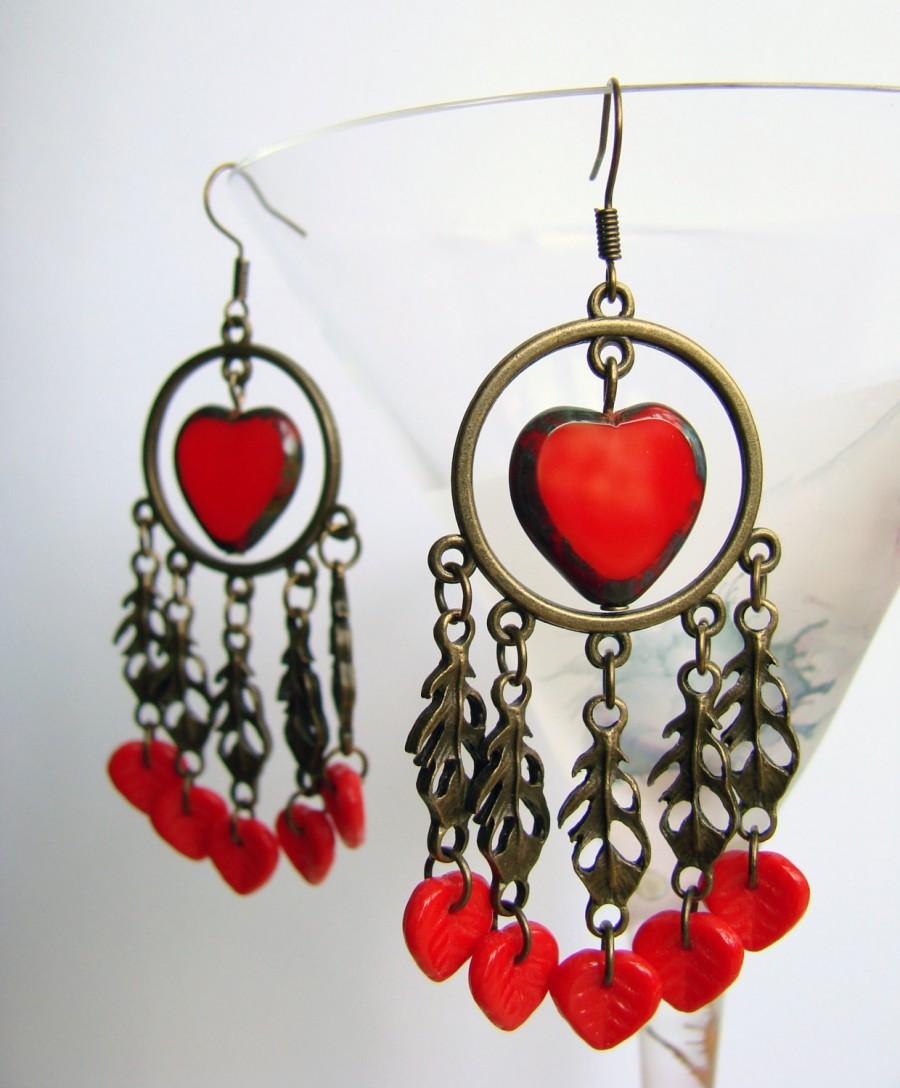 Wedding - Chandelier Earrings with Heart, Brass Tone Earrings with Red Glass Beads, Summer Earrings, Boho Earrings, Gypsy Earrings, Long Earrings