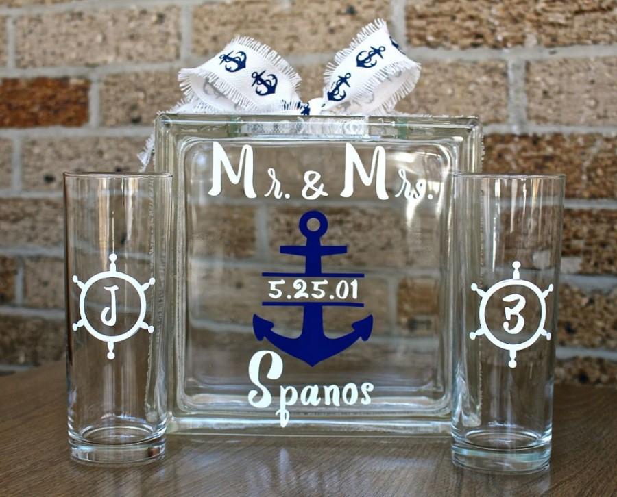 Hochzeit - Unity Sand Ceremony Glass Containers - Glass Block with Nautical Anchor Ships Wheel Theme - Personalized - Side vessels with Initials