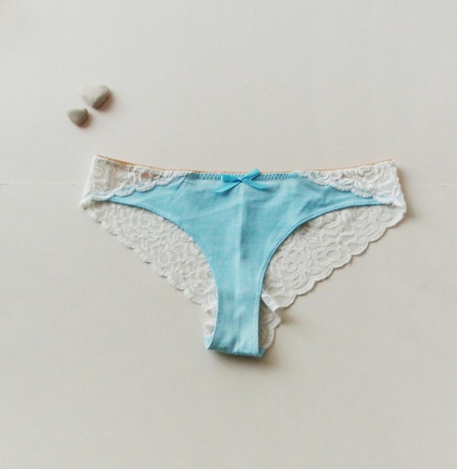 Hochzeit - Blue Bridal Lingerie: "Something Blue" Cotton & Lace Knickers - Cheeky Cotton Panties, Lace Wedding Knickers with No Side Seams