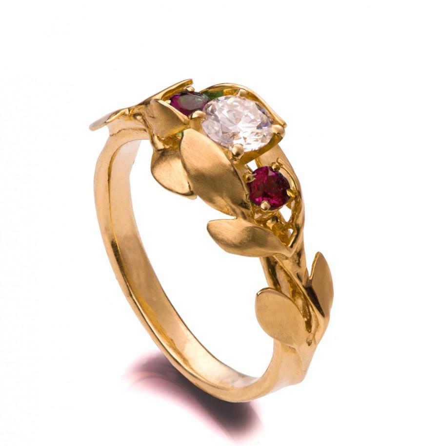 Wedding - Leaves Engagement Ring - 18K Gold and Diamond engagement ring, July Birthstone, Three stone ring, engagement ring, leaf ring, Ruby, 8