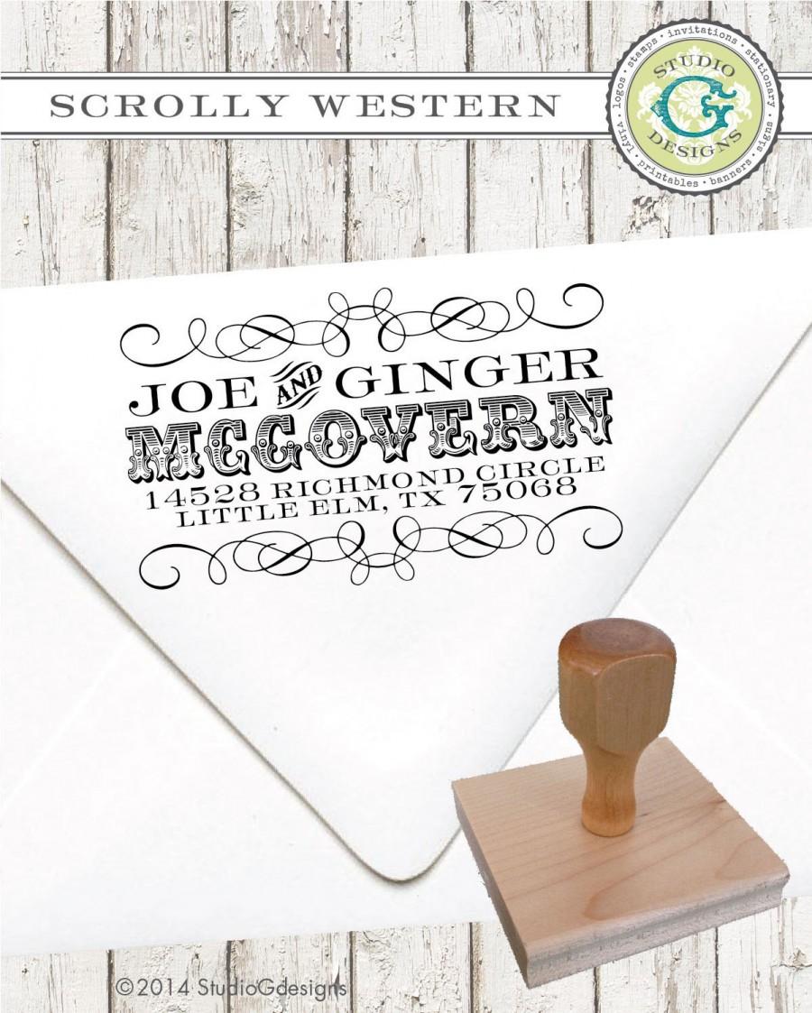 Wedding - Return Address Stamp – 1.5 x 2.5 in – SCROLLY WESTERN – Personalized Wedding Paper Goods