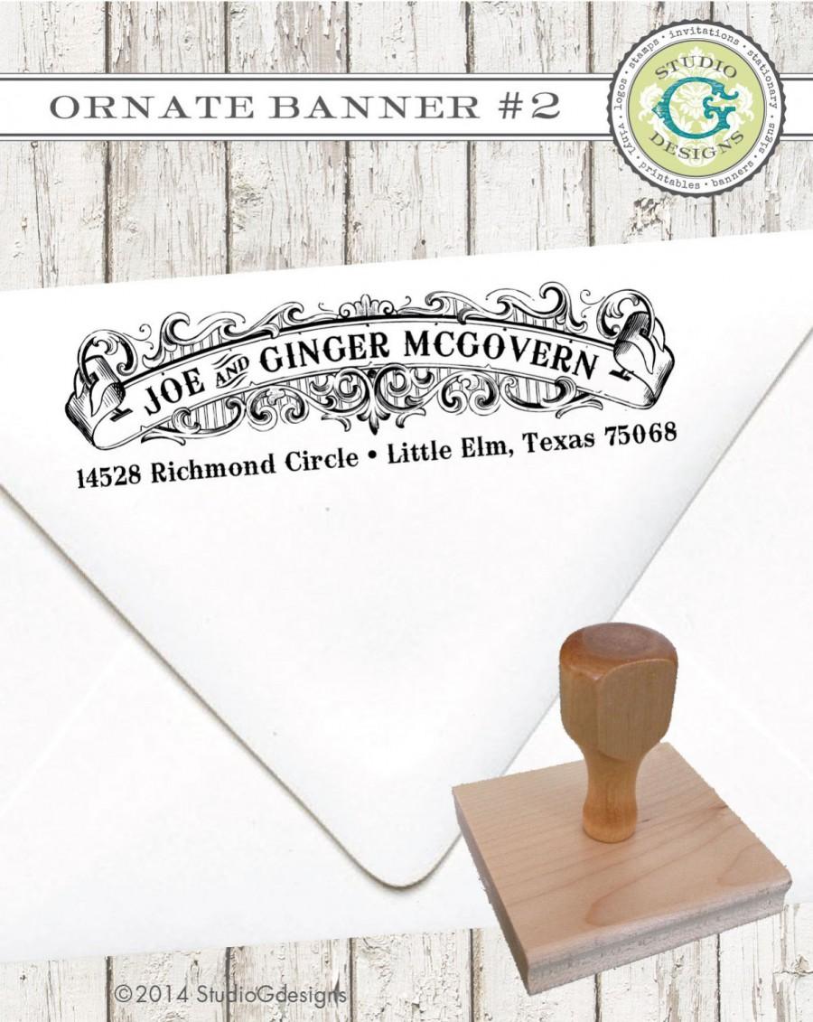 زفاف - Return Address Stamp – 1 x 4 in SCROLLY ORNATE BANNER – Personalized Wedding Paper Goods