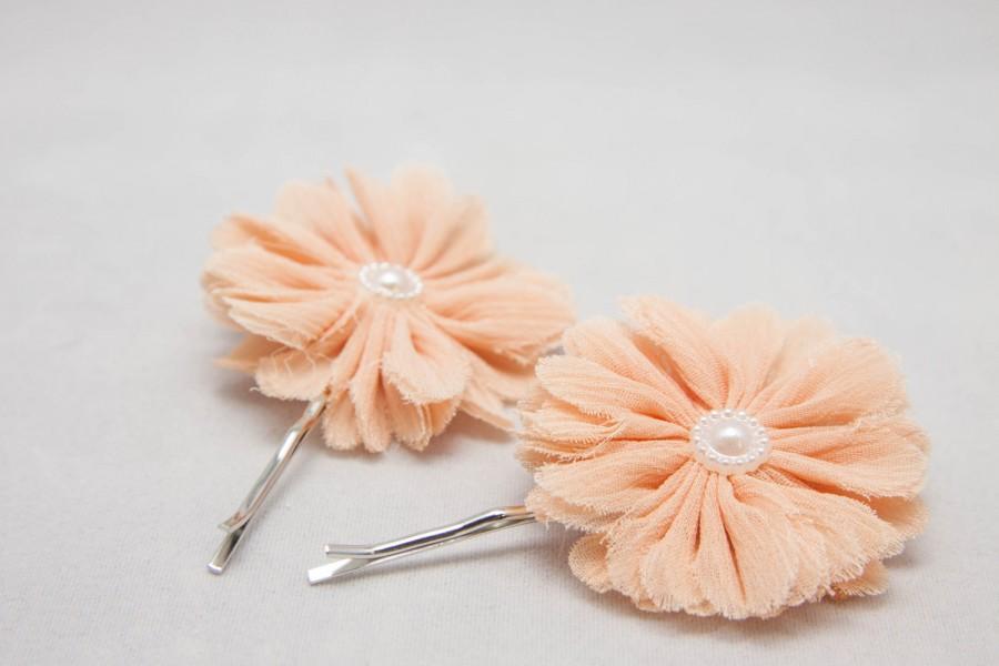 Mariage - Delicate Peach Tulle Flower Bobby Pins with Pearl Button Centers - Wedding, Party, Formal - Bridesmaid, Flower Girl - One Pair