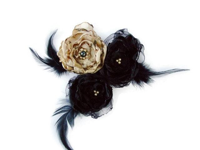 Wedding - Wedding Hair Flowers, Black and Beige Flowers with tulle and feathers, Bridal Sash, Maternity Sash