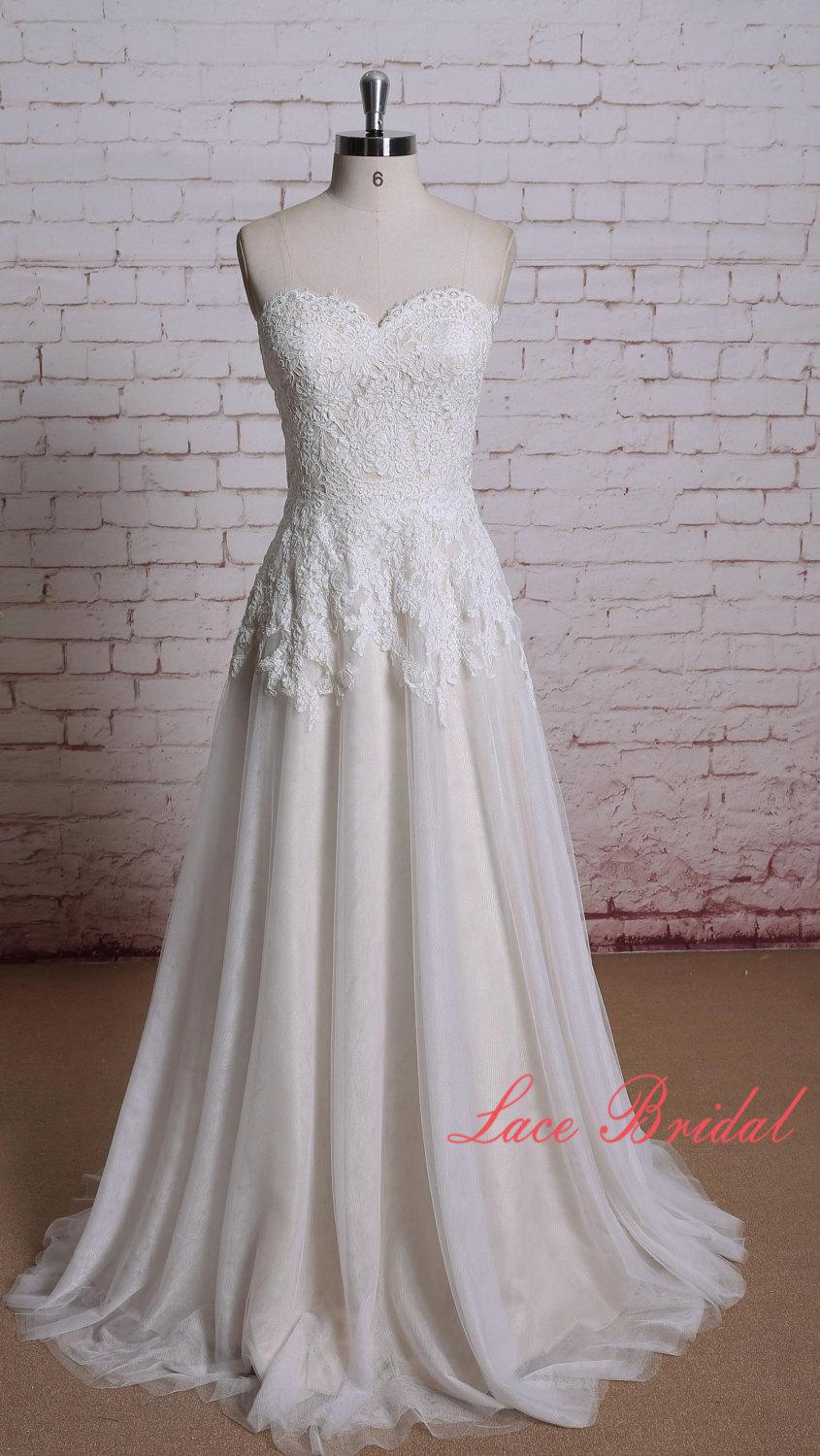 Mariage - Wedding dress of Sweetheart Neckline Ivory Color Lace with Champange underlay Bridal Gown A-line Wedding Dress with Sweep Train