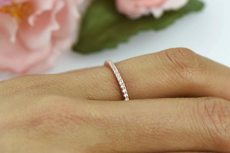 Mariage - Delicate Half Eternity Wedding Band, Bridal Ring, 1.5mm Stacking Ring, Round Man Made Diamond Simulants, Sterling Silver, Rose Gold Plated