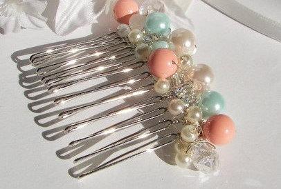 Wedding - Bridesmaid Hair Comb, Swarovski Pink Coral, Clear AB Butterflies, Pink and Aqua Pearls Clear Crystals  Tropical Colored Hair Jewelry, Beachy