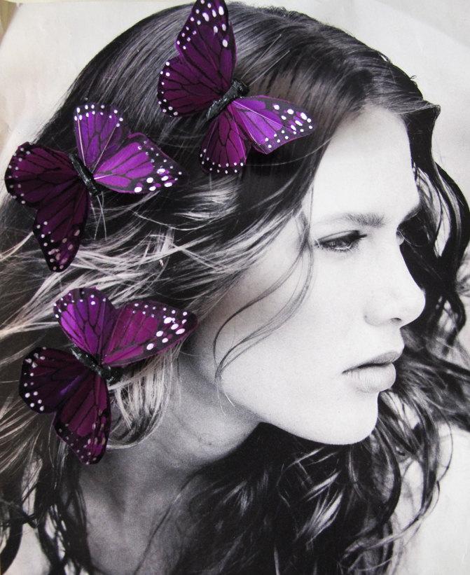 زفاف - 3 Brandy Purple Feathers  Butterflies Hair Clips for weddings