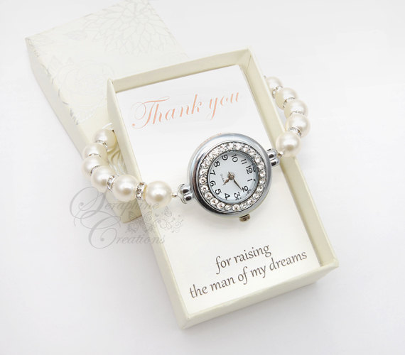 Wedding - Mother of the Groom Gift, Pearl Watch, Rhinestones, Pearl Bracelet Watch, Bracelet Watch, Bridal Pearl Bracelet, Wedding Jewelry Z02