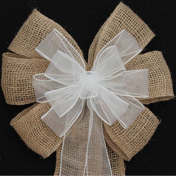 Mariage - Burlap And White Sheer Wire Edge Rustic Wedding Pew Bows Church Aisle Decorations