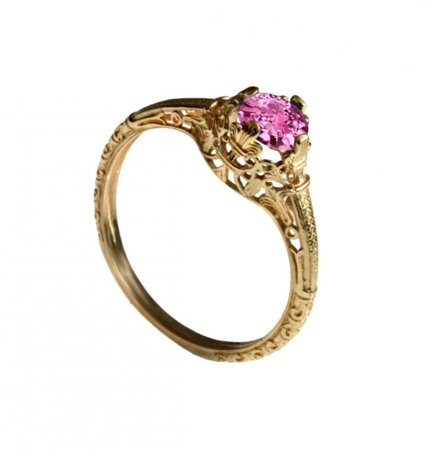 Wedding - 14K Vintage solitaire pink sapphire Engagement ring 18k yellow gold filigree engagement ring, promise ring, September birthstone ring