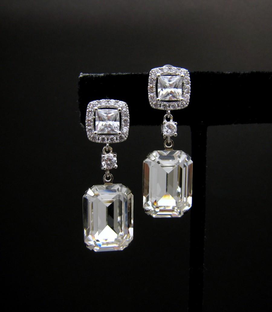 زفاف - wedding jewelry wedding earrings bridal earrings Swarovski clear white vintage style rectangle square foiled crystal silver square cz post