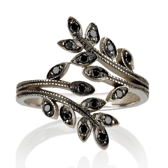 Wedding - Black Diamond Ring, 14K White Gold Ring, Leaves Ring, leaf Ring, Engagement Ring, Promise Ring, Anniversary Ring, Art Deco Ring