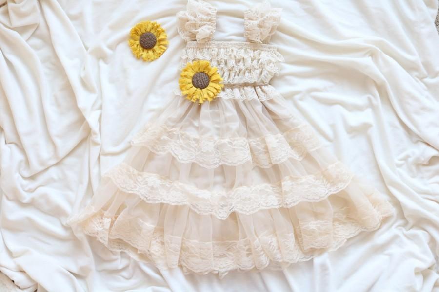 Wedding - Champagne Lace Sunflower Flower Girl Dress - Cream Lace Cap Sleeve Dress - Rustic Flower Girl Dress- Sunflower Wedding-Lace Flower Girl