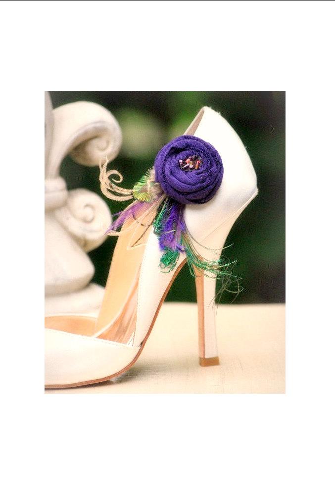 Mariage - Purple & Green Feathers Shoe Clips. Statement Fashion, Handmade Couture Bride Bridesmaids. Tan Teal Orange Tangerine, Formal Party Shoe Clip