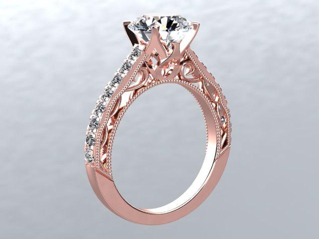 Wedding - 14kt Rose Gold Ring 6.5mm Forever Brilliant Round Moissanite Center White Sapphire Side Stones Engagement Ring Wedding Victorian Love Ring