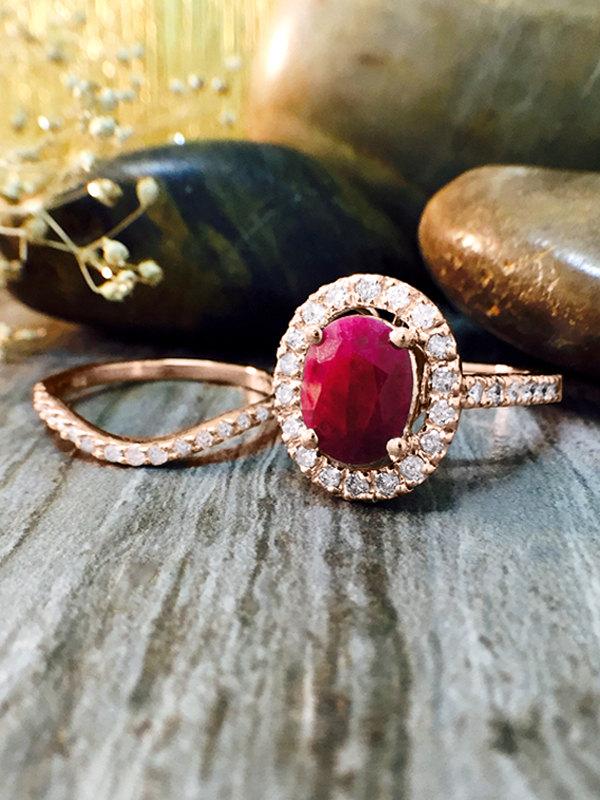 Wedding - SET: Ruby and Halo Diamond Engagement <Prong> Solid 14K Rose Gold (14KR) Wedding Ring and Band *Fine Jewelry* (Free Shipping)