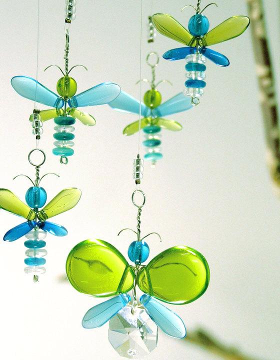 Hochzeit - Blue Butterfly Mobile Baby Boy Hanging Mobile Green Fairy Decor Glass Mobile Swarovski Crystal Suncatcher Angel Australia Gift Nursery Idea