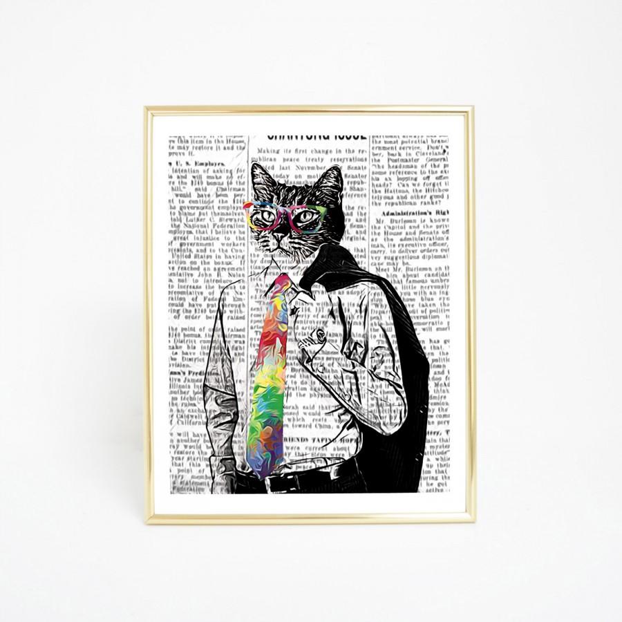 Hochzeit - Business Cat Hipster - Digital Print and Poster - Drawing & Illustration - Wall Art - Printable Artwork - All Popular Sizes