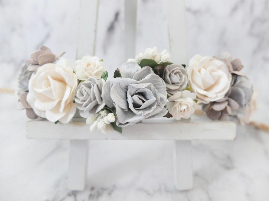 Mariage - Grey and white wedding flower crown - head wreath - bridesmaid hair accessories - flower girls - garland