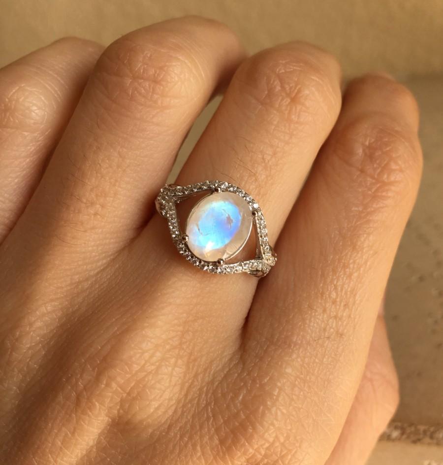 زفاف - Statement Moonstone Ring- Promise Ring- Engagement Ring- Solitaire Ring- Rainbow Moonstone Ring- Sterling Silver Ring- June Birthstone Ring