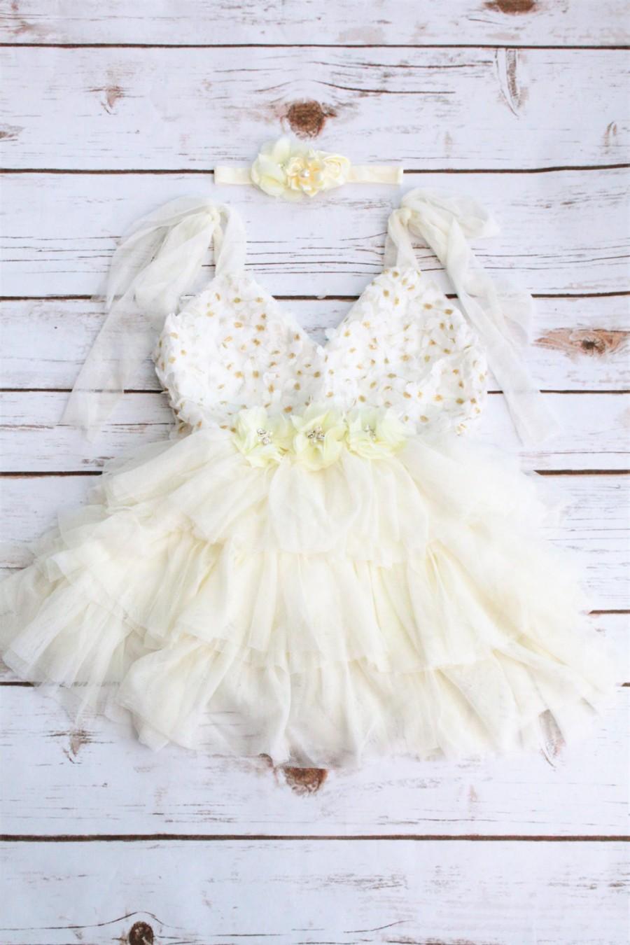 Hochzeit - Beige Flower Girl Dress- Beige Flower Girl Dress- Shabby Chic Flower Girl Dress- Birthday Girls Dress