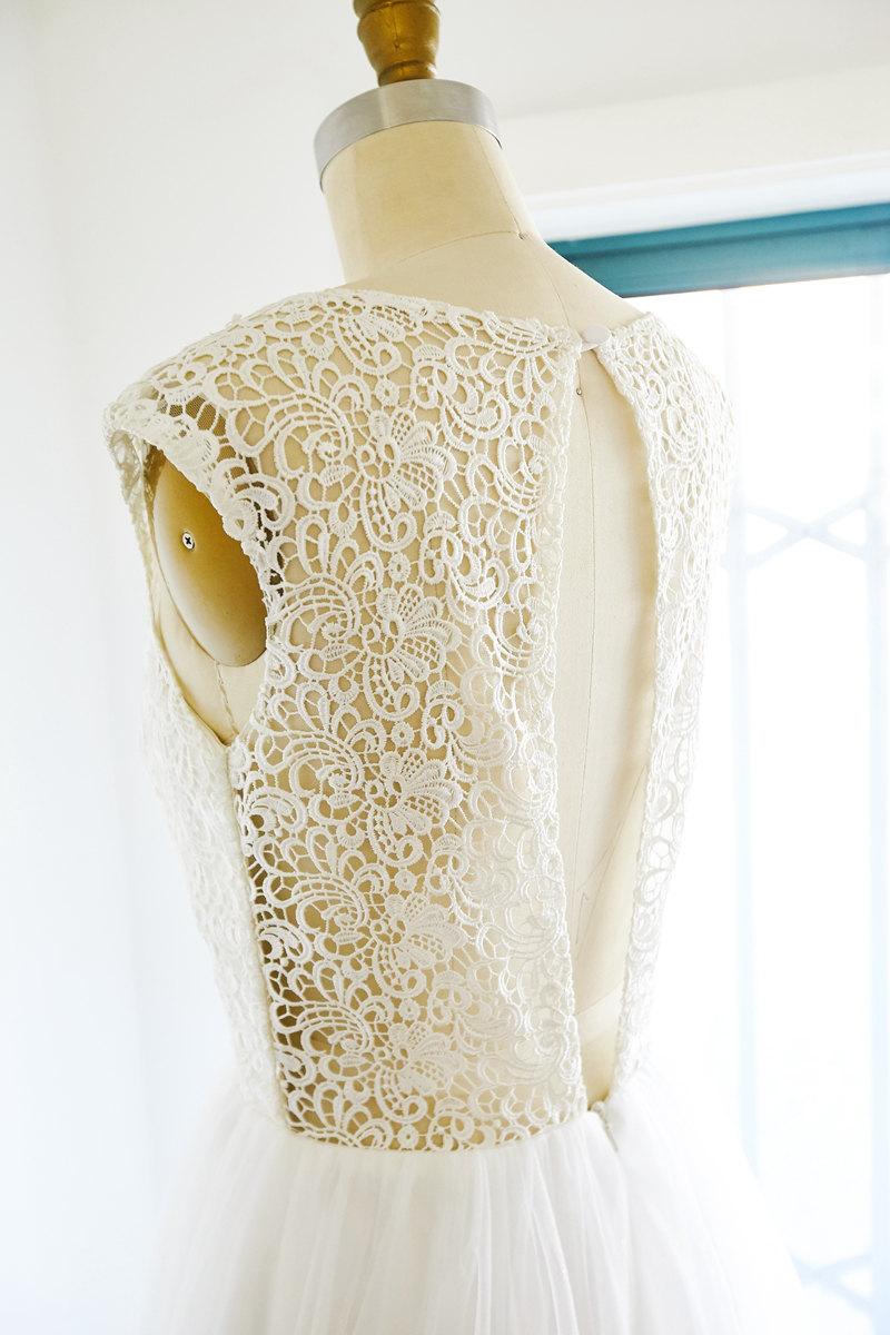 زفاف - Lace Tulle Wedding Dress Open Back Boho Beach Bridal Gown with Cap Sleeves