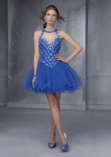 Mariage - Sleeveless Straps Open Back Blue Pink Crystals Tulle Short