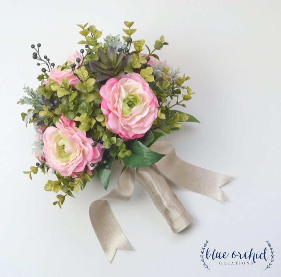 Wedding - Eucalyptus and Ranunculus Wedding Bouquet, Silk Bouquet, Eucalyptus, Succulent Bouquet, Modern Bouquet, Greenery Bouquet, Floral Arrangement