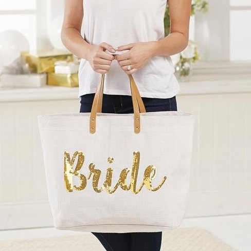 Wedding - White Mudpie Jute Burlap Tote, Gold Sequin 'Bride' with Tan Leather Handles