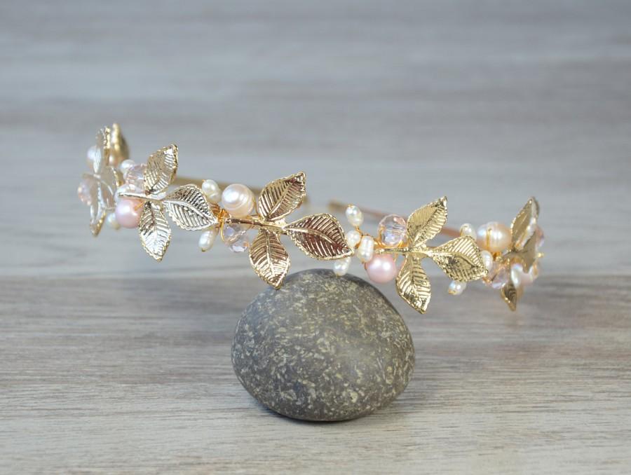 Свадьба - Bridal Gold Leaf Headpiece pink pearl crystal headband  hair crown bridal leaf tiara,wedding tiara, wedding crown, grecian, art deco, boho