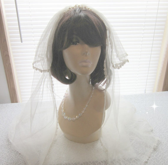 Свадьба - Veiling, wedding, bridal, Vintage Veiling, Ivory waist length 2 tier veil, swarovski crystals, faux pearls , rhinestones bridal
