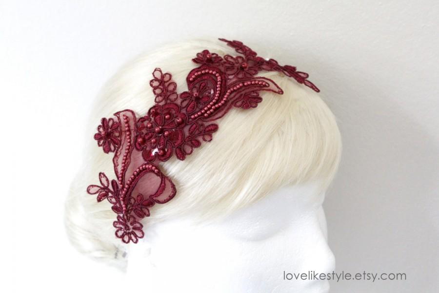 Hochzeit - Wine , Burgundy   Beading Lace Headband ,  Bridal Wine Headband, Bridemaid Burgandy  Lace Headband