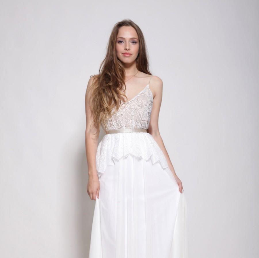 Hochzeit - Bohemian lace top wedding dress , nude color lining ,open back wedding dress