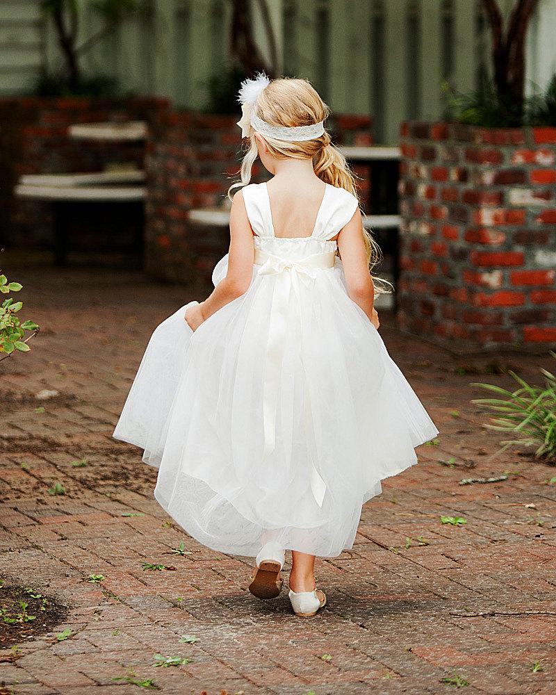 Wedding - Flower Girl Dress Cap Sleeves Tulle Ball Gown Ankle Length with Big Bow Back, Fliower Girl Dresses Ribbon Sash
